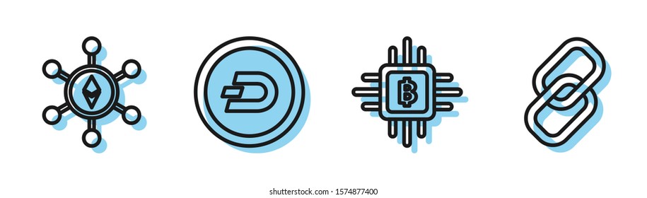Set line CPU mining farm, Blockchain technology Ethereum ETH, Cryptocurrency coin Dash and Chain link icon. Vector