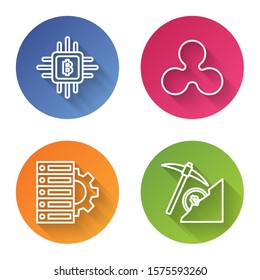 Set line CPU mining farm, Cryptocurrency coin Ripple XRP, Server and gear and Cryptocurrency cloud mining. Color circle button. Vector
