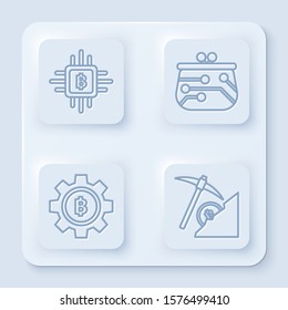 Set line CPU mining farm, Cryptocurrency wallet, Cryptocurrency coin Bitcoin and Cryptocurrency cloud mining. White square button. Vector