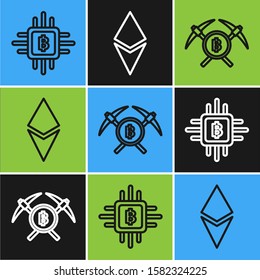 Set line CPU mining farm, Crossed pickaxe and Cryptocurrency coin Ethereum ETH icon. Vector