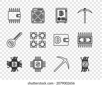 Set line CPU mining farm, Cryptocurrency bitcoin circuit, Proof of stake, Processor chip with dollar, wallet, Blockchain technology, Pickaxe and  icon. Vector