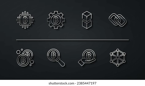 Set line CPU mining farm, Bitcoin, Chain link, Hand holding, Magnifying glass with, Cryptocurrency, Blockchain technology and  icon. Vector