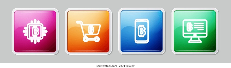 Set line CPU mining farm, Shopping cart with bitcoin, Mining from mobile and monitor. Colorful square button. Vector