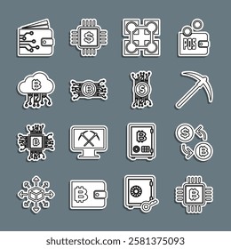 Set line CPU mining farm, Cryptocurrency exchange, Pickaxe, Blockchain technology, bitcoin circuit, cloud, wallet and  icon. Vector