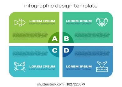 Set line Crab, Fish, Whale tail in ocean wave and Elephant. Business infographic template. Vector