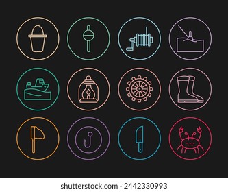 Set line Crab, Fishing boots, Spinning reel for fishing, Camping lantern, boat on water, bucket, Ship steering wheel and float icon. Vector svg