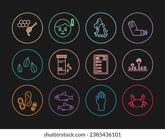 Set line Crab, Mold, Runny nose, Medicine bottle and pills, Sesame seeds, Honeycomb with honey dipper, Clinical record and Fatigue icon. Vector