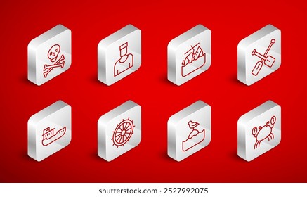 Set-Linie Krabbe, Seemann, sinkendes Kreuzfahrtschiff, Paddel, Seemöwe sitzt auf Boje, Totenkopf-Kreuzknochen, Schiff Lenkrad und Cargo-Symbol. Vektorgrafik