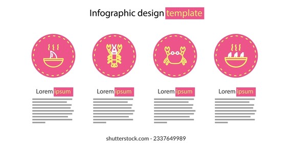 Set line Crab, Soup with shrimps, Lobster and Shark fin soup icon. Vector