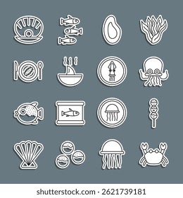 Set line Crab, Takoyaki on stick, Octopus, Mussel, Shark fin soup, Served cucumber plate, Shell with pearl and  icon. Vector