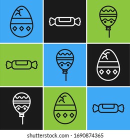 Set line Cracked egg, Balloons with ribbon and Candy icon. Vector