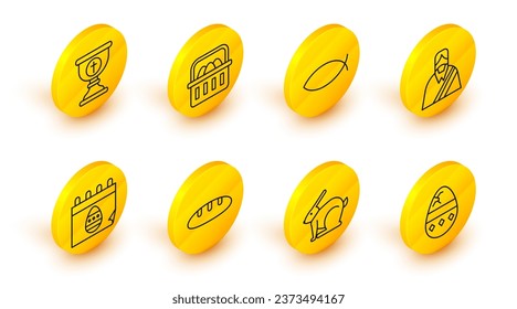 Set line Cracked egg, Easter rabbit, Bread loaf, Calendar with, Jesus Christ, Christian fish, Basket easter eggs and chalice icon. Vector