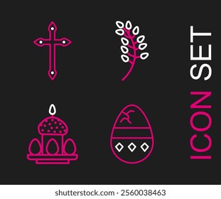 Set line Cracked egg, Easter cake and eggs, Willow leaf and Christian cross icon. Vector