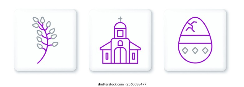 Set line Cracked egg, Willow leaf and Church building icon. Vector