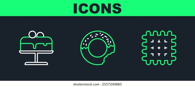 Set line Cracker biscuit, Cake on plate and Donut icon. Vector