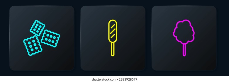 Set line Cracker biscuit, Cotton candy and Corn dog. Black square button. Vector
