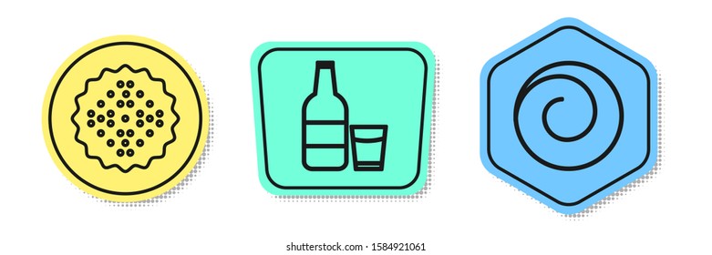 Set line Cracker biscuit , Glass bottle with milk and glass  and Roll bun with cinnamon . Colored shapes. Vector