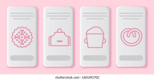 Set line Cracker biscuit , Kitchen apron , Bakery bowl dough  and Pretzel . White rectangle button. Vector