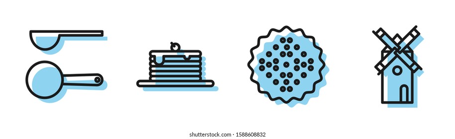 Set line Cracker biscuit , Measuring spoon , Stack of pancakes  and Windmill  icon. Vector