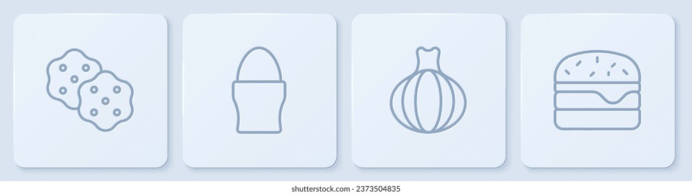 Fijar la línea Galleta crustácea, cebolla, huevo de pollo y hamburguesa. Botón cuadrado blanco. Vector
