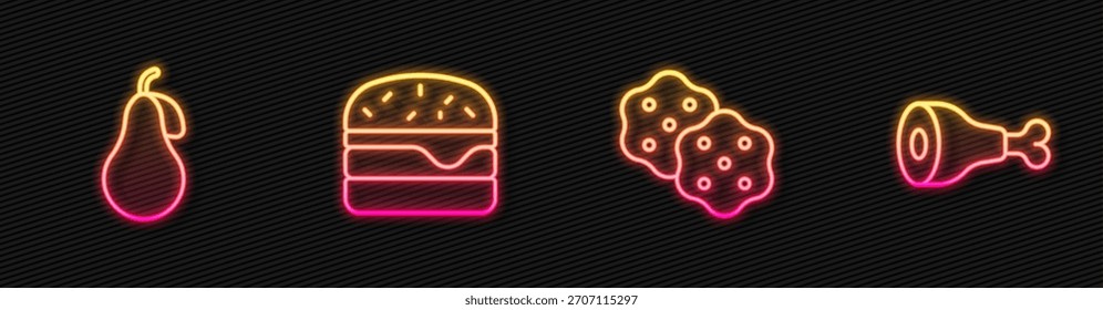 Set line Galleta de galleta, pera, hamburguesa y pierna de pollo. Icono de neón brillante. Vector