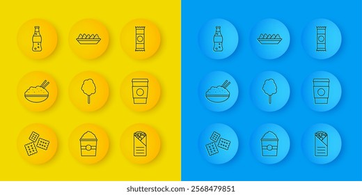 Set line Cracker biscuit, Rice in bowl with chopstick, Cotton candy, Doner kebab, Coffee cup go, Bottle water, Chocolate bar and Nachos plate icon. Vector