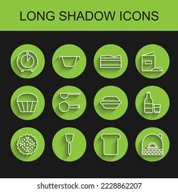 Set line Cracker biscuit, Spatula, Kitchen timer, Bread toast, Brick stove, Measuring spoon, Glass bottle with milk and glass and Macaron cookie icon. Vector