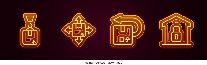 Ajuste la línea Grúa con caja de cartón, Cartón, Retorno y almacén cerrado. Icono de neón brillante. Vector
