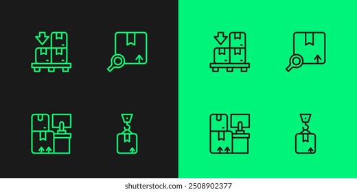 Grúa con caja de cartón, cajas de almacén, cartón en la plataforma y el icono del paquete de Búsqueda. Vector