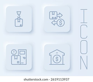 Set line Crane with cardboard box, Tax, Home delivery services and Warehouse price. White square button. Vector