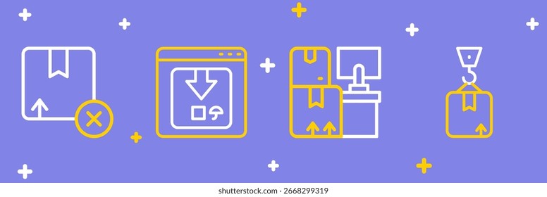 Set Line Crane mit Karton, Lagerhaus Boxen, Online App-Lieferverfolgung und Karton-Symbol. Vektorgrafik