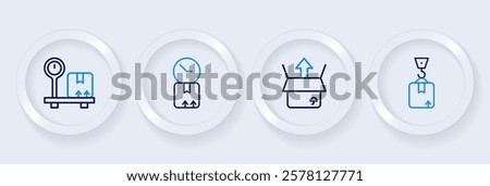 Set line Crane with cardboard box, Unboxing, Cardboard clock and Scale icon. Vector