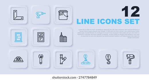 Set line Crane hook, Paint roller brush, Window room, Closed door, Adjustable wrench, Electric drill machine and Industry metallic pipe icon. Vector