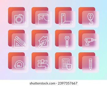 Set line Crane hook, Water tap, Wrench spanner, Security keypad access panel, House with trowel, Corner ruler, Roulette construction and Paint bucket icon. Vector