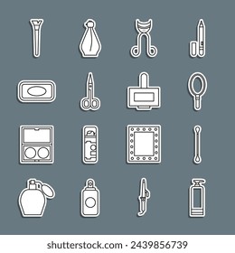 Set line Cream cosmetic tube, Cotton swab for ears, Hand mirror, Eyelash curler, Scissors, Bar of soap, Makeup brush and Nail polish bottle icon. Vector