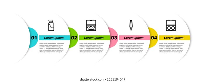 Tubo cosmético de la crema de la línea del sistema, paleta de la sombra de ojos, pinzas de la ceja y polvo del maquillaje con espejo. Plantilla de infografía de negocios. Vector