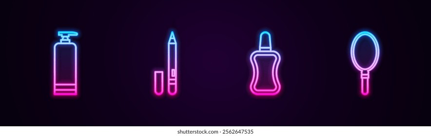 Set line Cream cosmetic tube, Eyeliner, eyebrow, Nail polish bottle and Hand mirror. Glowing neon icon. Vector