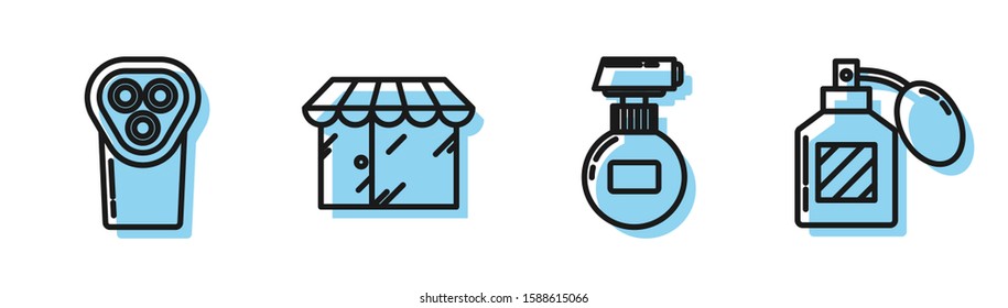 Set line Cream or lotion cosmetic tube, Electrical hair clipper or shaver, Barbershop building and Aftershave icon. Vector