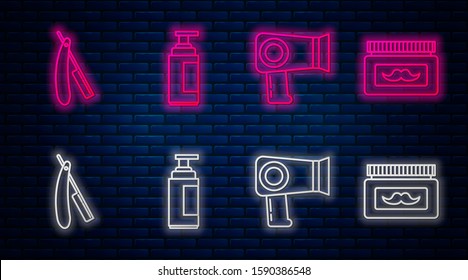 Set line Cream or lotion cosmetic tube, Hair dryer, Straight razor and Cream or lotion cosmetic jar. Glowing neon icon on brick wall. Vector