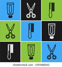 Set line Cream or lotion cosmetic tube, Hairbrush and Scissors hairdresser icon. Vector