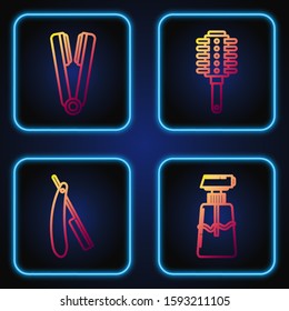 Set line Cream or lotion cosmetic tube, Straight razor, Curling iron for hair and Hairbrush. Gradient color icons. Vector
