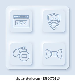 Set line Cream or lotion cosmetic jar, Mustache and beard on shield, Aftershave and Bow tie. White square button. Vector