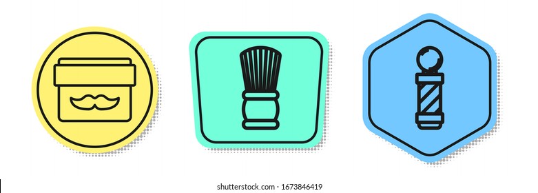 Set line Cream or lotion cosmetic jar, Shaving brush and Classic Barber shop pole. Colored shapes. Vector