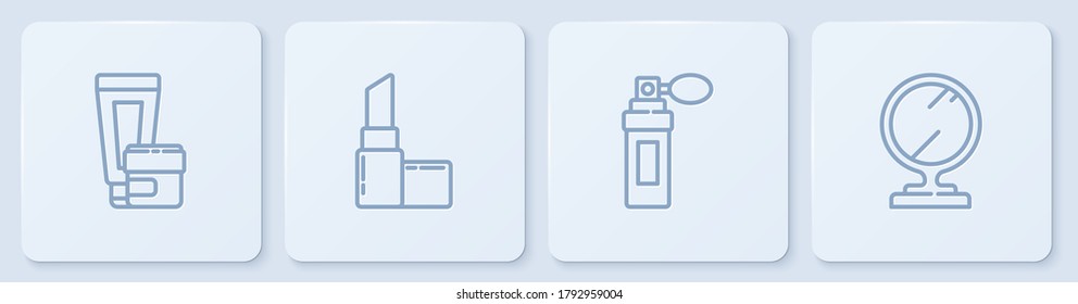 Set line Cream or lotion cosmetic tube, Perfume, Lipstick and Round makeup mirror. White square button. Vector