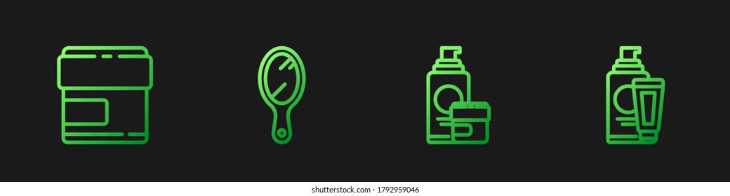 Set line Cream or lotion cosmetic tube, , Hand mirror and . Gradient color icons. Vector
