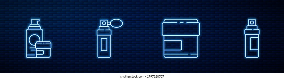 Set line Cream or lotion cosmetic tube, , Perfume and . Glowing neon icon on brick wall. Vector