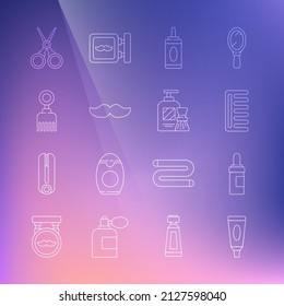 Set line Cream or lotion cosmetic tube, Beard and mustaches care oil bottle, Hairbrush, Bottle of shampoo, Mustache, Scissors hairdresser and Shaving gel foam icon. Vector