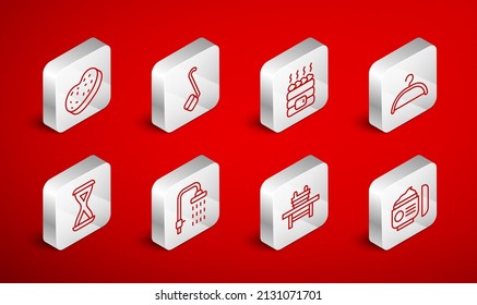 Set line Cream or lotion cosmetic tube, Sauna ladle, Hot sauna stones, Hanger wardrobe, bench with bucket, Bath sponge, Shower and hourglass icon. Vector