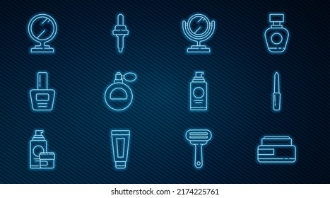 Set line Cream or lotion cosmetic tube, Nail file, Round makeup mirror, Perfume, polish bottle, Spray can for hairspray and Pipette icon. Vector