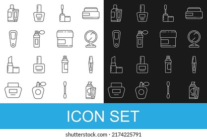 Set line Cream or lotion cosmetic tube, Mascara brush, Round makeup mirror, Perfume, Hand,  and  icon. Vector